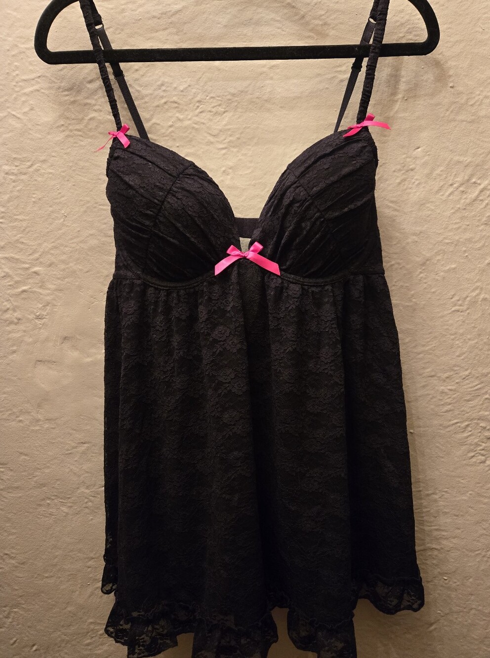 La Senza Black Lace Babydoll Chemise L Sheer Pink Bow Lingerie Slip
